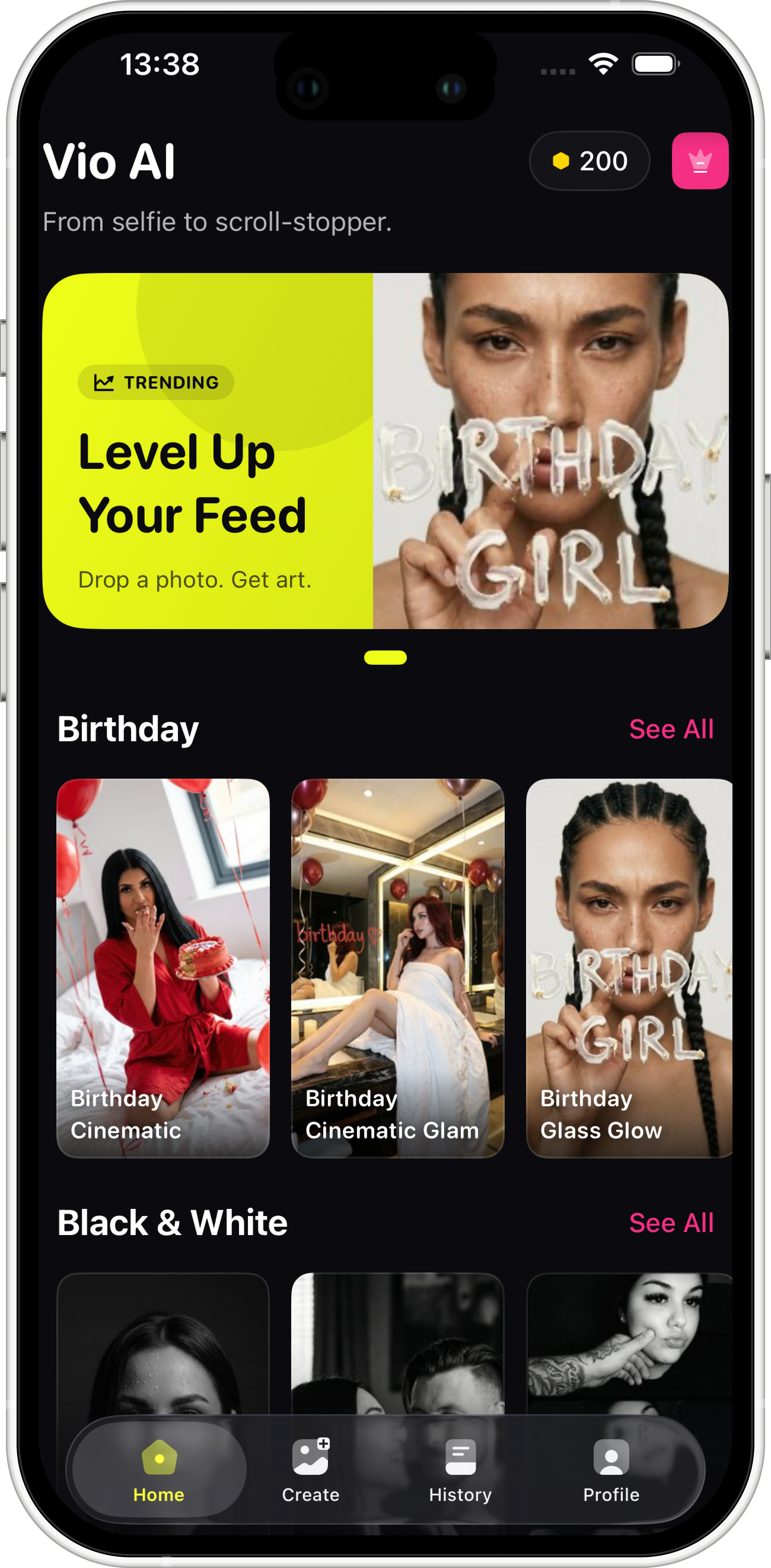 Vio AI Home Screen - Browse trending AI image templates